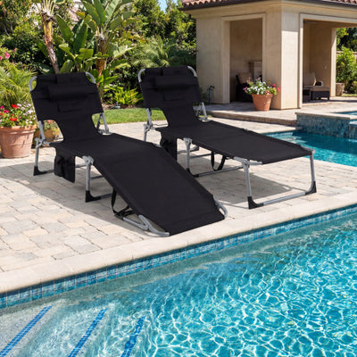 Set of 2 Tanning Chair Portable Chaise Lounge Chair with 4-Position Adjustable Backrest-Black