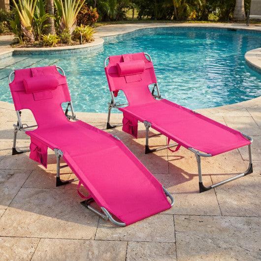 Set of 2 Tanning Chair Portable Chaise Lounge Chair with 4-Position Adjustable Backrest-Pink