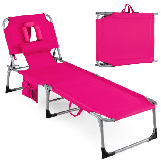 Set of 2 Tanning Chair Portable Chaise Lounge Chair with 4-Position Adjustable Backrest-Pink