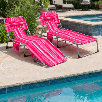 Set of 2 Tanning Chair Portable Chaise Lounge Chair with 4-Position Adjustable Backrest-Pink Stripe