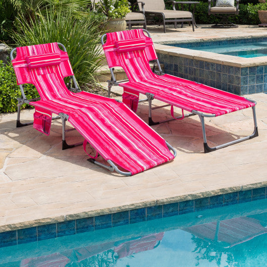 Set of 2 Tanning Chair Portable Chaise Lounge Chair with 4-Position Adjustable Backrest-Pink Stripe