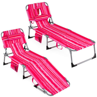 Set of 2 Tanning Chair Portable Chaise Lounge Chair with 4-Position Adjustable Backrest-Pink Stripe