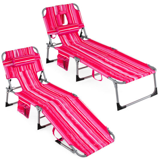 Set of 2 Tanning Chair Portable Chaise Lounge Chair with 4-Position Adjustable Backrest-Pink Stripe