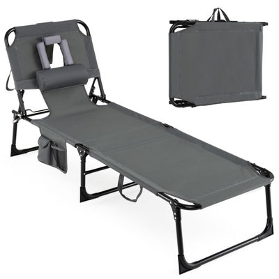 Set of 2 Tanning Chair Portable Chaise Lounge Chair with 4-Position Adjustable Backrest-Gray