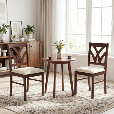 Set of 2 Wooden Dining Chairs Upholstered with Hollowed Backrest and Soft Padded Seat-Brown