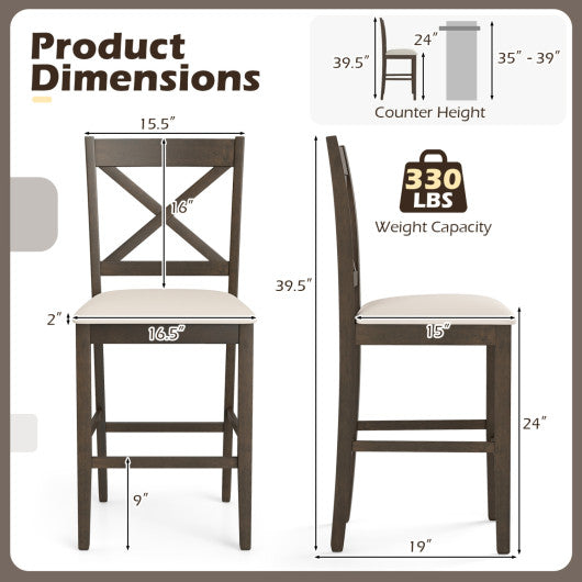 Set of 2 X-Back Bar Stools with Upholstered Cushioned Seats-Brown