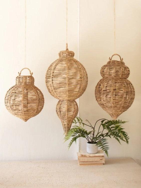 Set of 3 Large Woven Seagrass and Iron Ornaments Kalalou