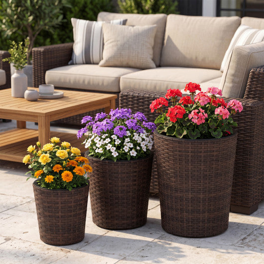 Set of 3 Plastic Planters with Drainage Holes and Saucers for Porch and Garden-Brown