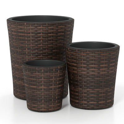 Set of 3 Plastic Planters with Drainage Holes and Saucers for Porch and Garden-Brown