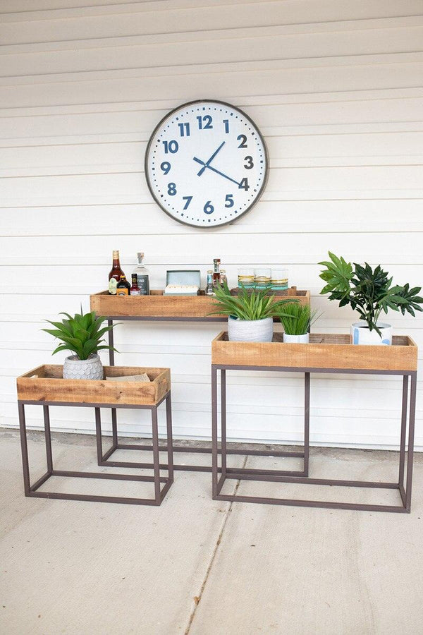 Set of 3 Rustic Recycled Wood Console Trays on Metal Bases Kalalou
