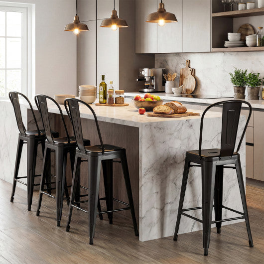 Set of 4 Metal Bar Stools with Backrests and Footrests-Black