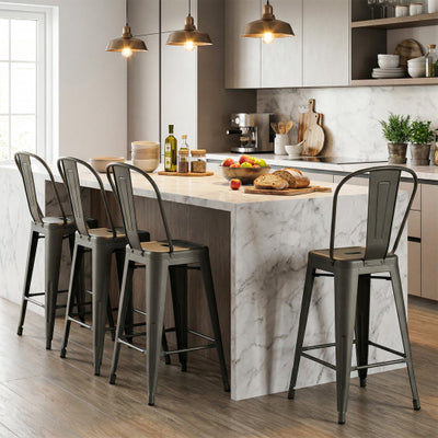 Set of 4 Metal Bar Stools with Backrests and Footrests-Gun Metal