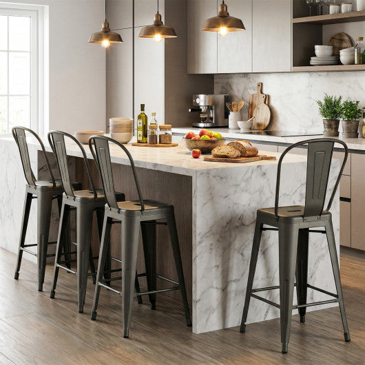 Set of 4 Metal Bar Stools with Backrests and Footrests-Gun Metal