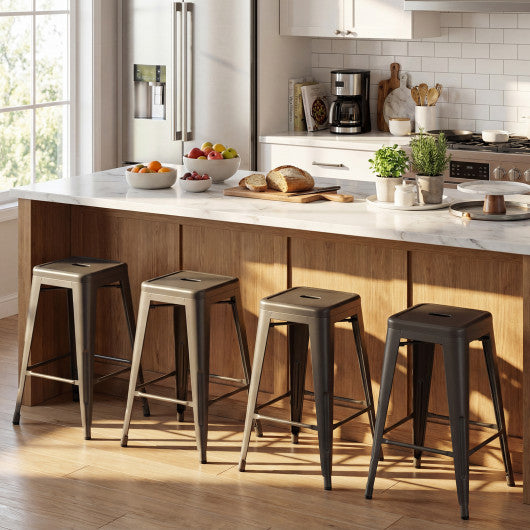 Set of 4 Metal Bar Stools with Backrests and Footrests-Gun Metal