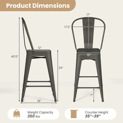 Set of 4 Metal Bar Stools with Backrests and Footrests-Gun Metal