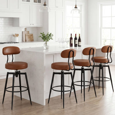 Set of 4 Swivel Barstools Faux Leather with Upholstered Seat and Back-Brown