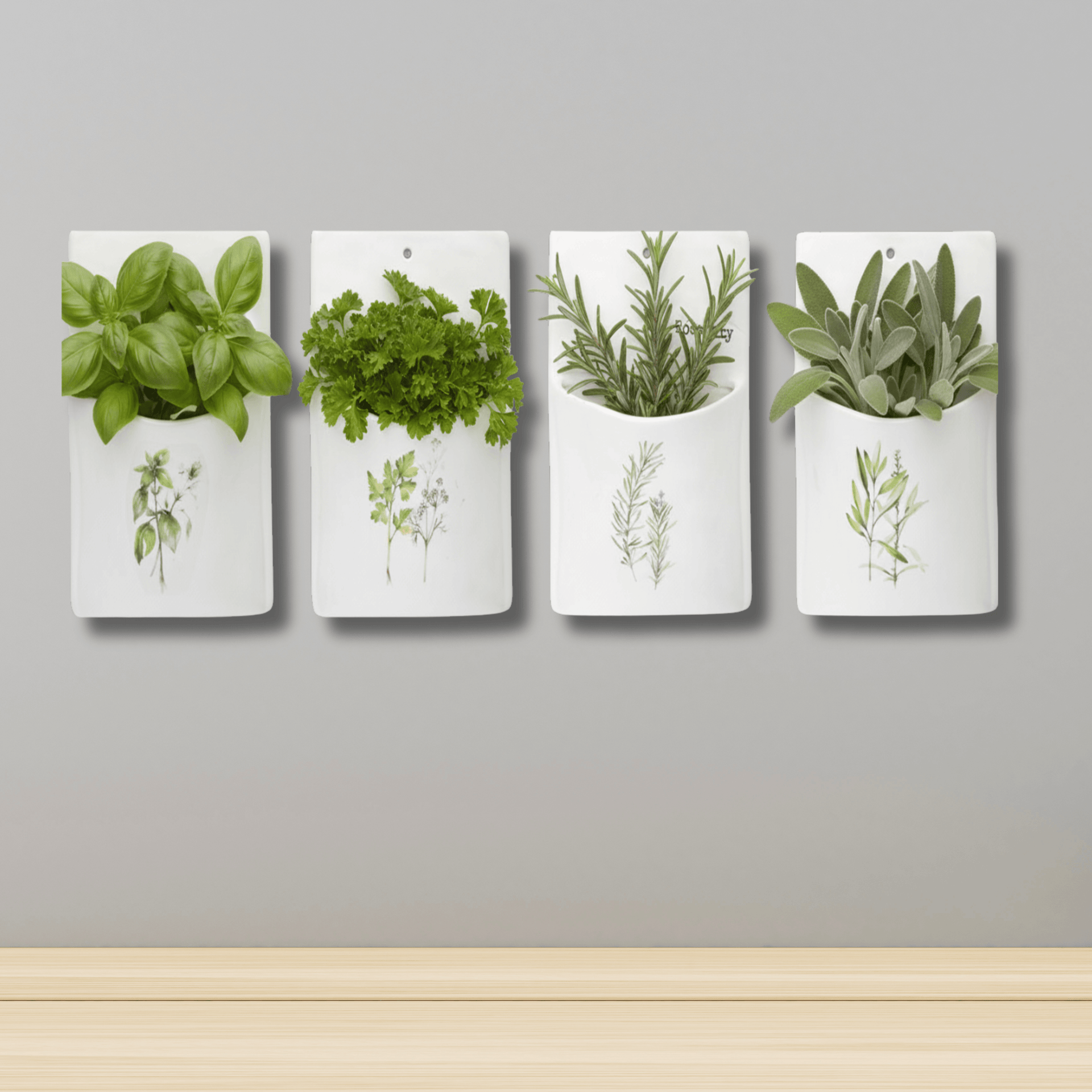 Set of 4 Ceramic Herb Wall Pockets