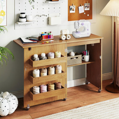 Sewing Machine Table with Charging Station and Lockable Casters-Natural