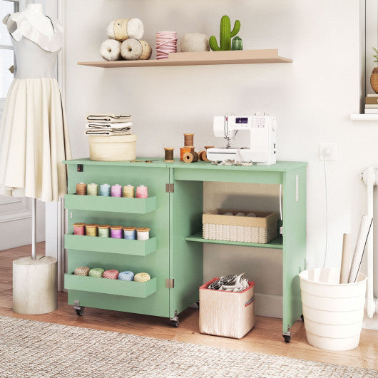 Sewing Machine Table with Charging Station and Lockable Casters-Green