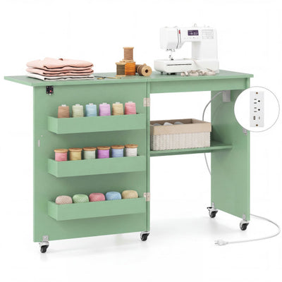 Sewing Machine Table with Charging Station and Lockable Casters-Green