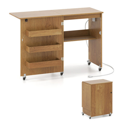 Sewing Machine Table with Charging Station and Lockable Casters-Natural