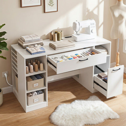 Sewing Table with Power Outlets Craft Station Desk with 2 Drawers Open Compartments-White