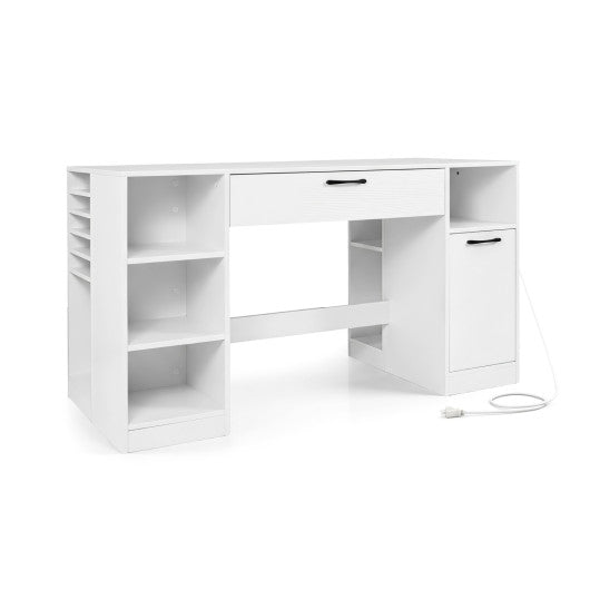 Sewing Table with Power Outlets Craft Station Desk with 2 Drawers Open Compartments-White