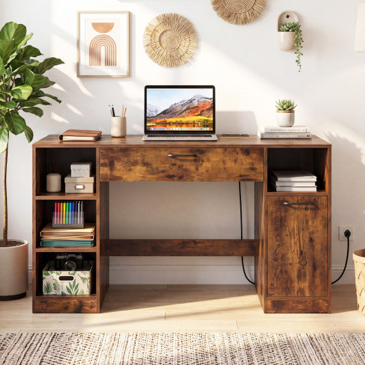 Sewing Table with Power Outlets Craft Station Desk with 2 Drawers Open Compartments-Rustic Brown
