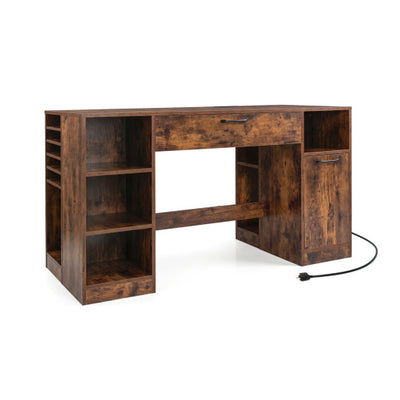 Sewing Table with Power Outlets Craft Station Desk with 2 Drawers Open Compartments-Rustic Brown
