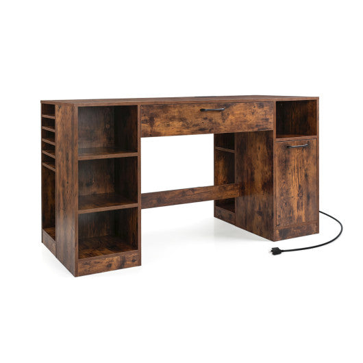 Sewing Table with Power Outlets Craft Station Desk with 2 Drawers Open Compartments-Rustic Brown