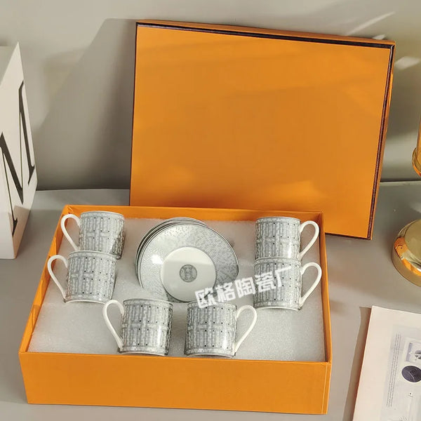 Gift Box Set 12Pcs Ceramic Espresso Coffee Cup Striped Dot Tea Milk Drinking Cups with Handle Mug for Office Dubai Gift Lucks