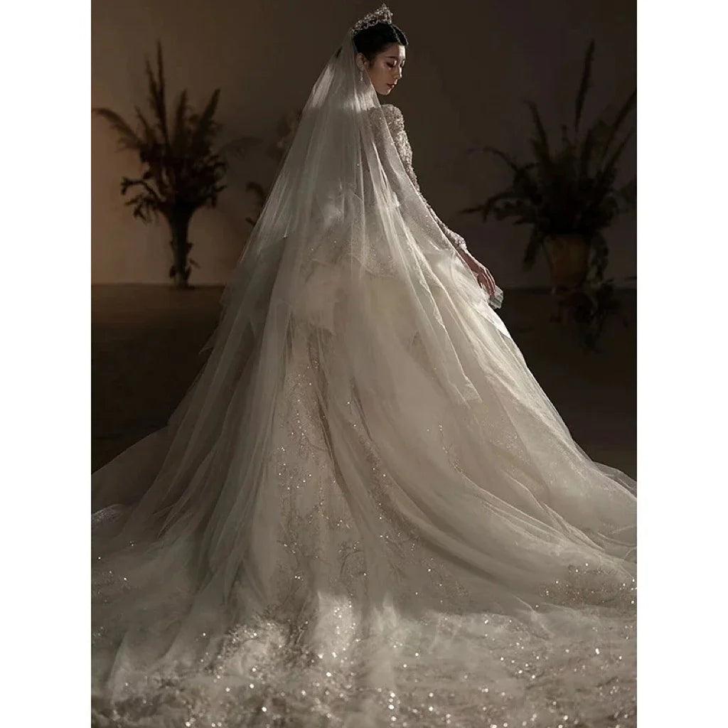 Luxury Wedding Gown with Shiny High Neck Beads EDW239