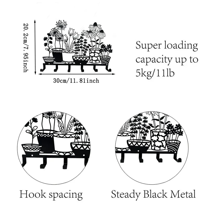 Metal Holder Black Flower Vase Key Holder Coat Hanger 6 Hooks Coat Rack Modern Wall Hangings Entryway Coat Rack Kitchen Holder