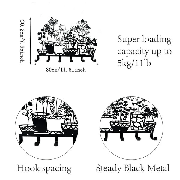 Metal Holder Black Flower Vase Key Holder Coat Hanger 6 Hooks Coat Rack Modern Wall Hangings Entryway Coat Rack Kitchen Holder