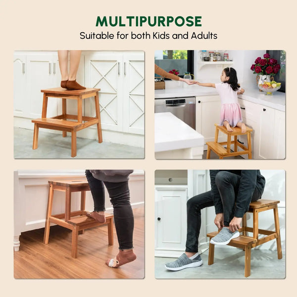 2 Step Wood Stool, Wooden Stepping Stools for Adults & Kids 350 lbs, Kids Stepping Chair, Bathroom, Bedroom Bench