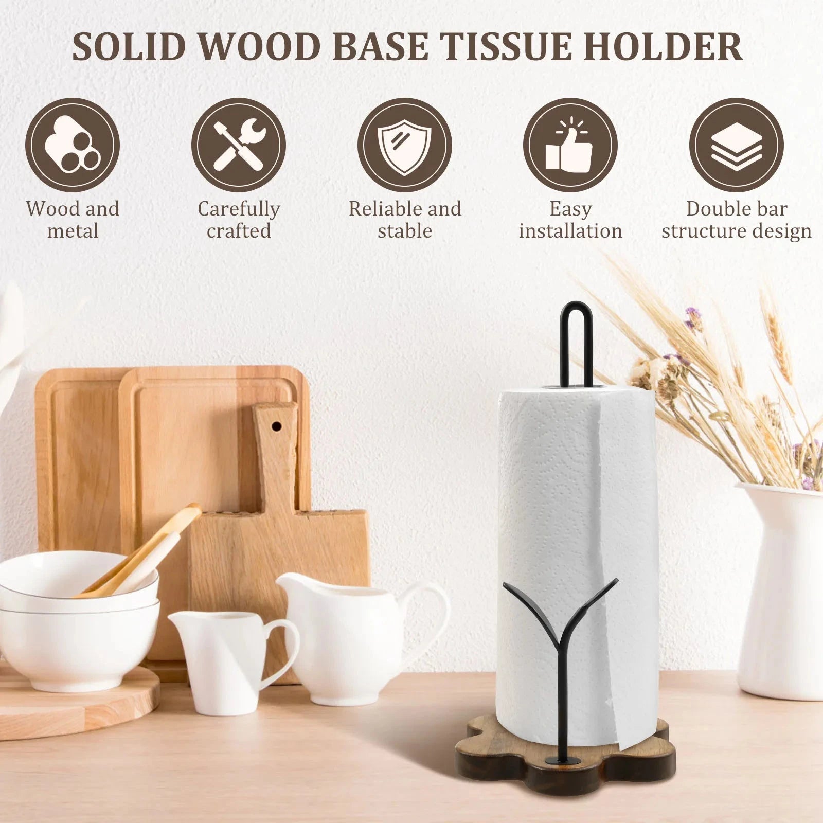 Wooden Paper Towel Holder Vertical Stand Anti-Skid Flower Shape Base Kitchen Countertop Roll Paper Towel Holder Paper Dispenser DSers Fulfillment