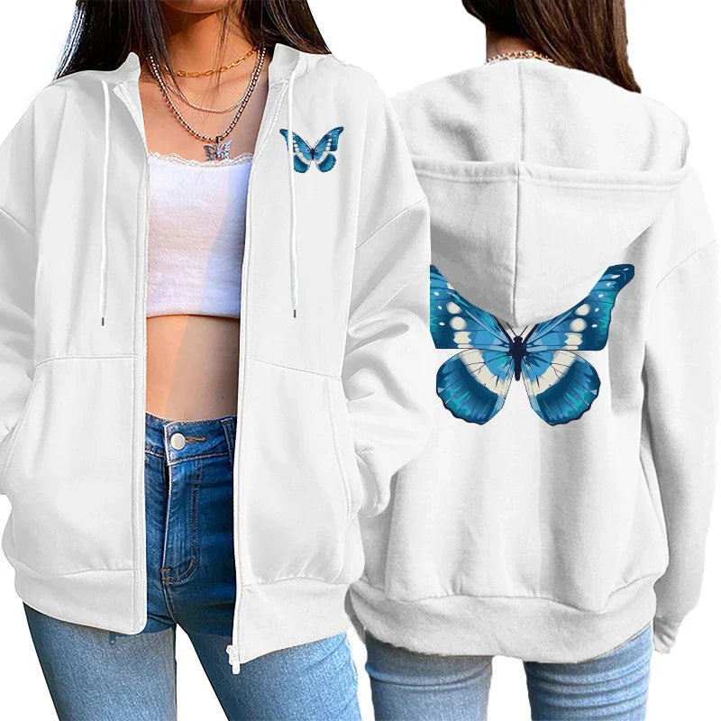 Butterfly Printed Hoodies for Women 2025 Hot Sale Hooded Longsleeve Jackets Autumn Home Outdoor Casual Fashion Ziiper Coats