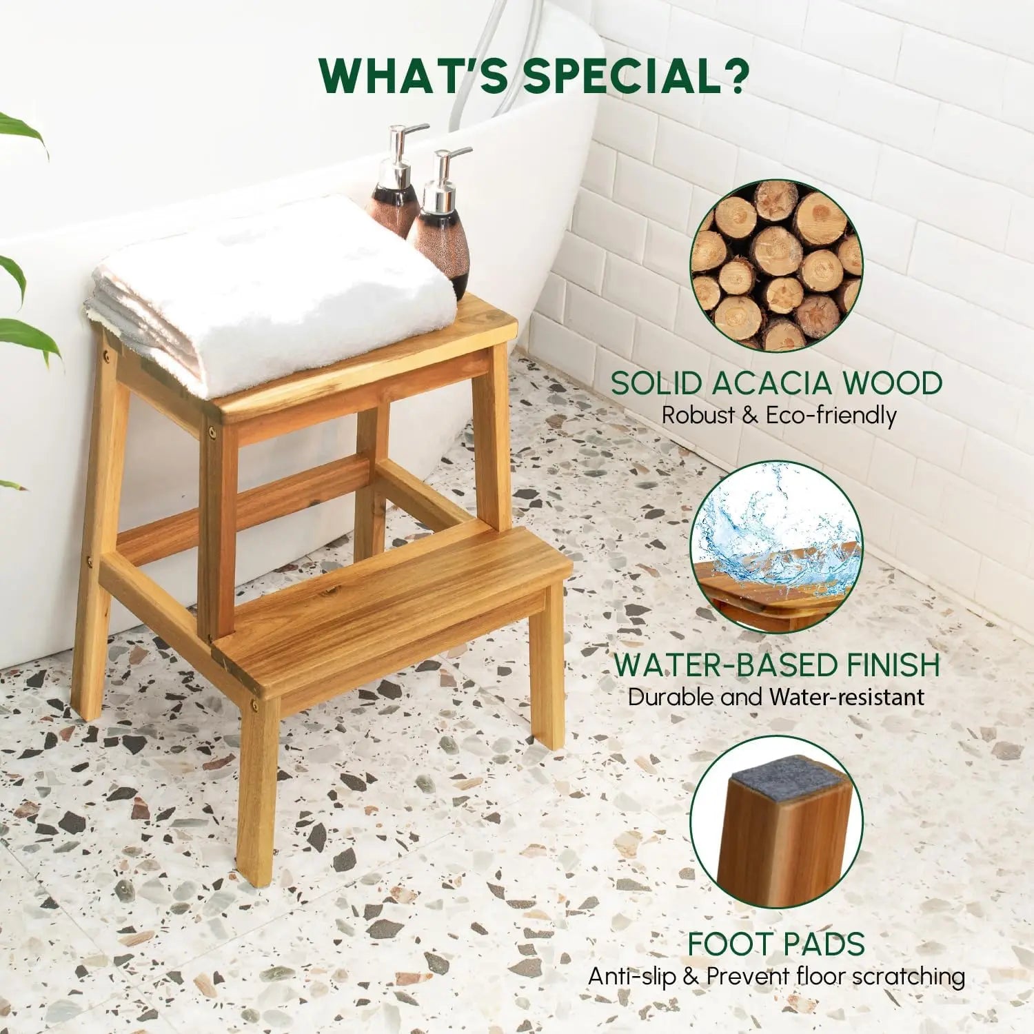 2 Step Wood Stool, Wooden Stepping Stools for Adults & Kids 350 lbs, Kids Stepping Chair, Bathroom, Bedroom Bench