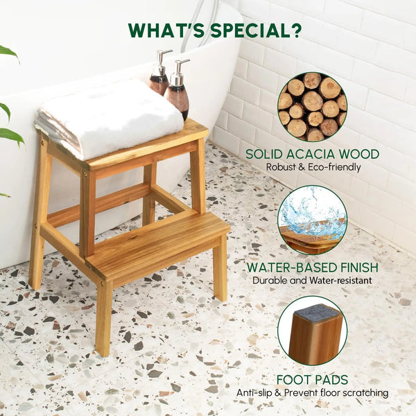 2 Step Wood Stool, Wooden Stepping Stools for Adults & Kids 350 lbs, Kids Stepping Chair, Bathroom, Bedroom Bench