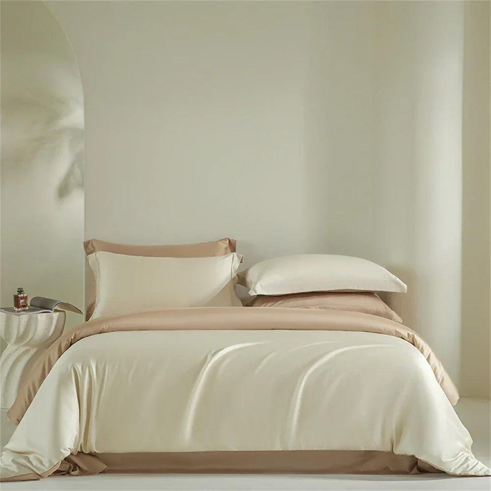 Liv-Esthete Women Pink 100% Silk Bedding Set Healthy Silky Double Color Queen King Duvet Cover Flat Sheet Pillowcase Bed Linen - Gifts for You 'n Me