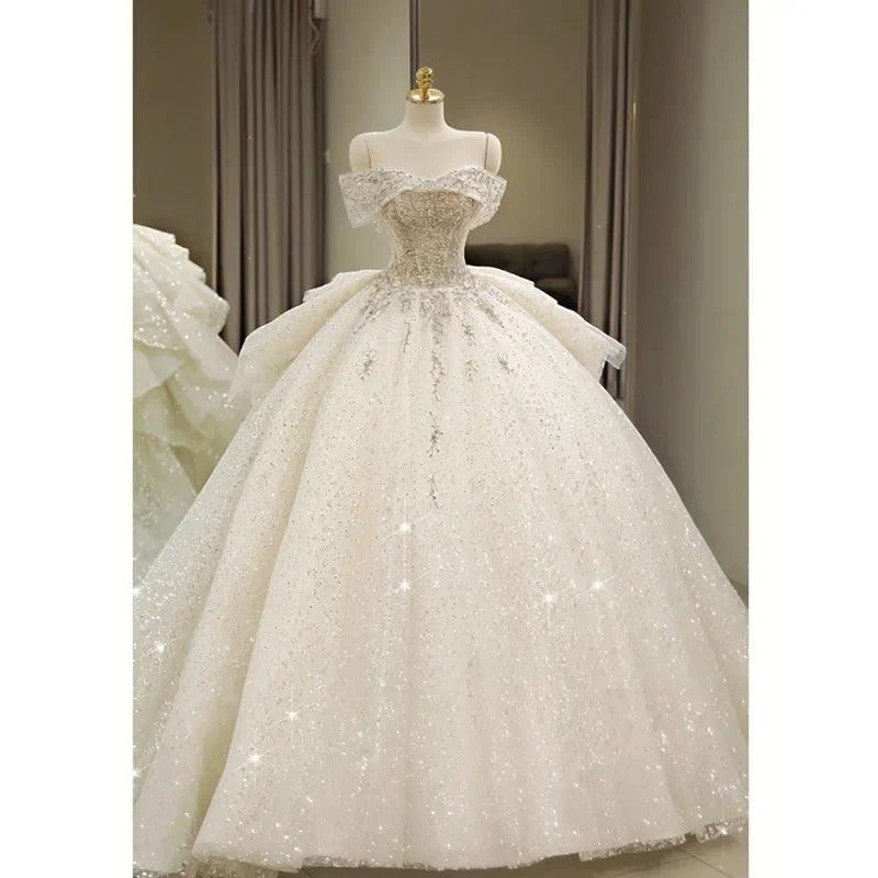 Exquisite White Wedding Dress Boat Neck EDL451
