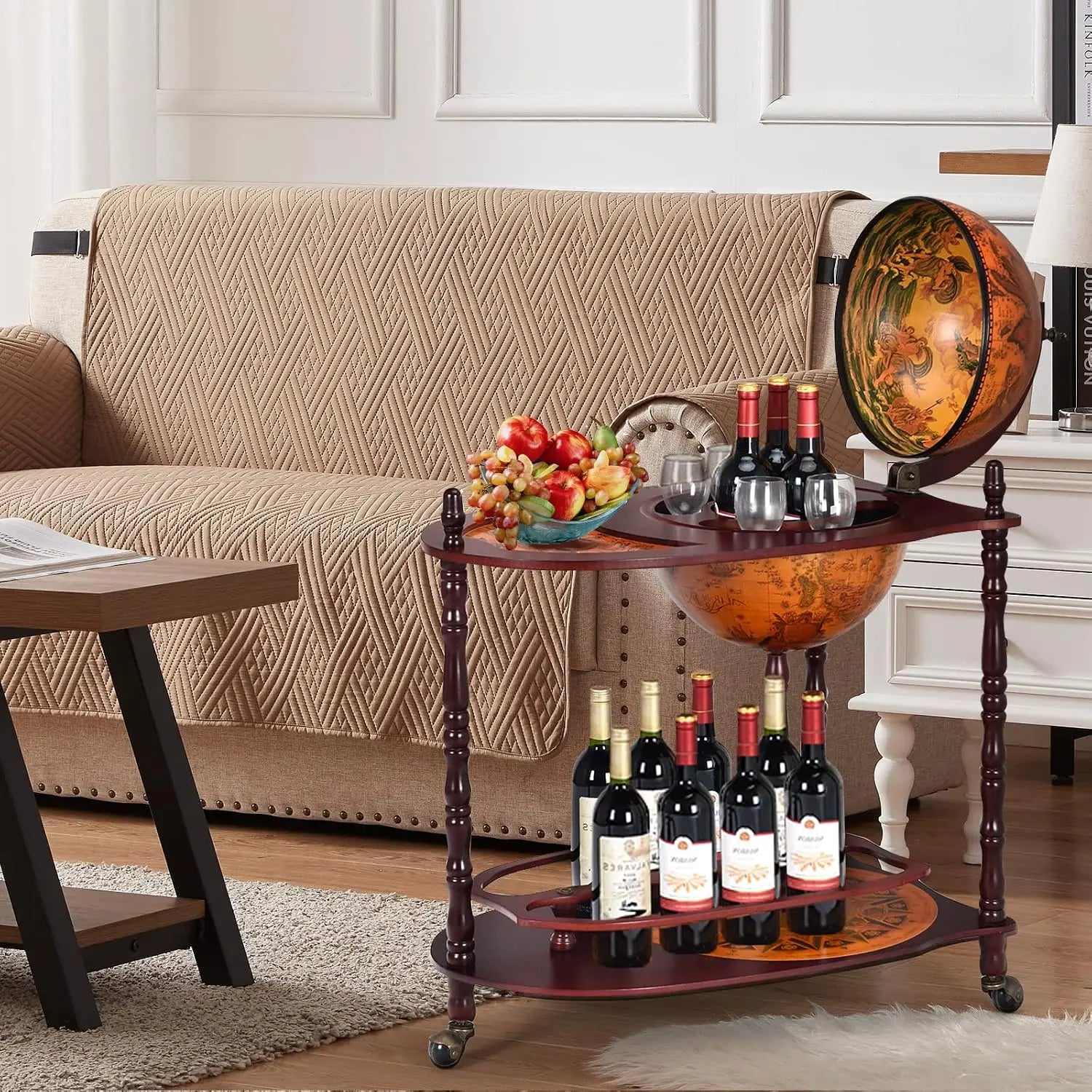 Vintage Globe Bar Cart with Wheels & Shelf, 16th Century Replica Map, Retro Liquor Cabinet for Living Room, 34.5
