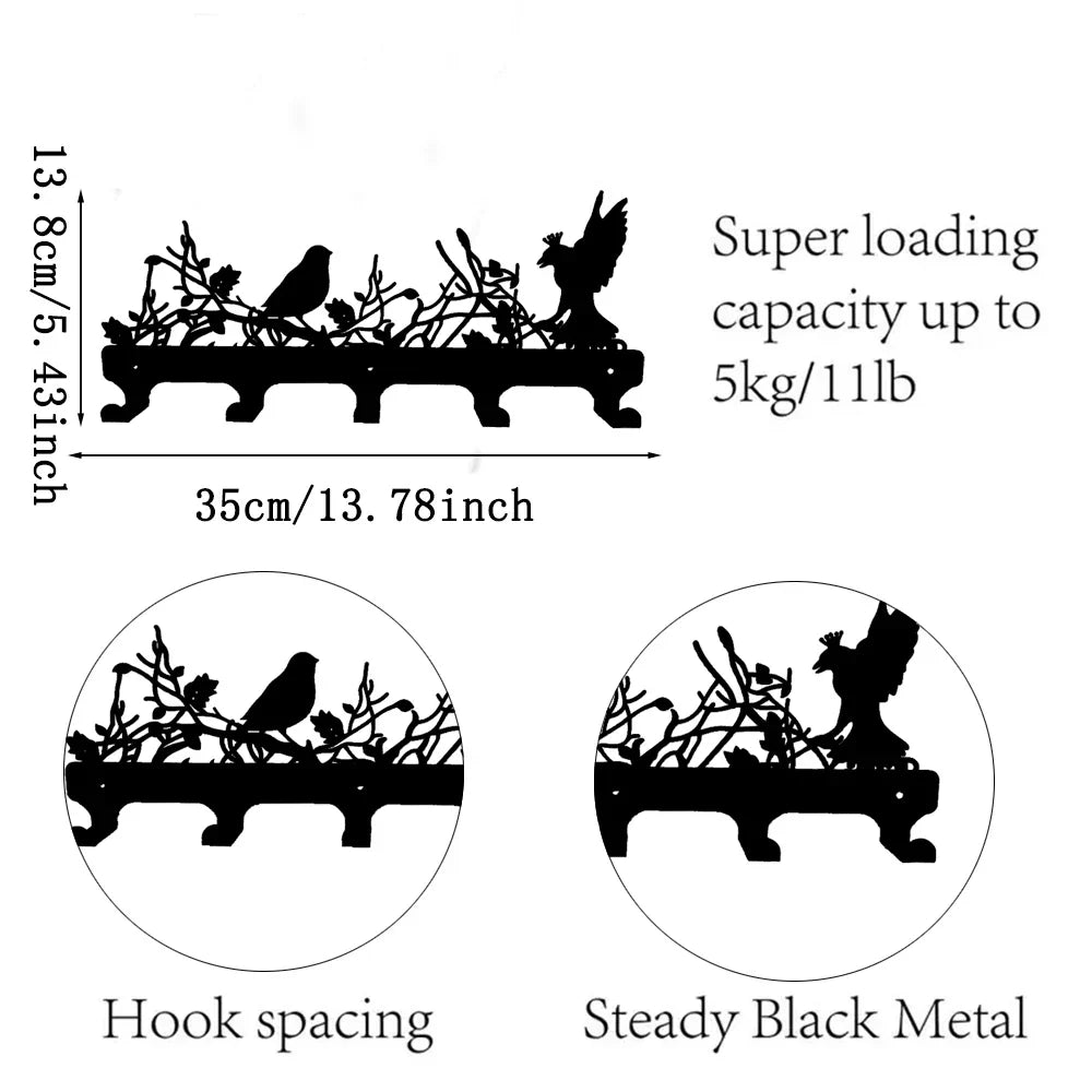 5 Hooks Coat Hanger Birds Decoration Wall Mounted Coat Rack Tree Coat Hook Rack Entryway Wall Coat Rack Hanger Metal Coat Hanger