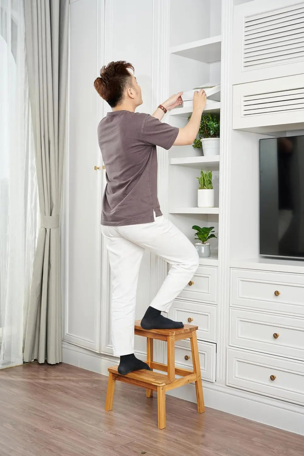 2 Step Wood Stool, Wooden Stepping Stools for Adults & Kids 350 lbs, Kids Stepping Chair, Bathroom, Bedroom Bench