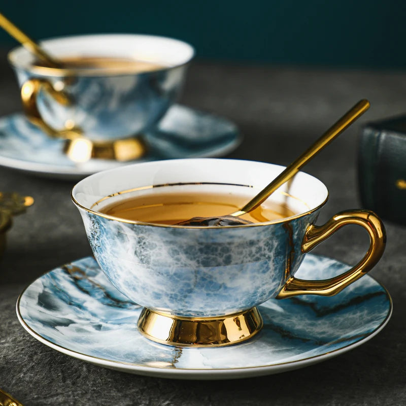 3Pcs Marble Electric Blue Bone China Coffee Cup Spoon Dish Suit Latte Art Cup Household Tea Set for Light Luxury Business Gifts