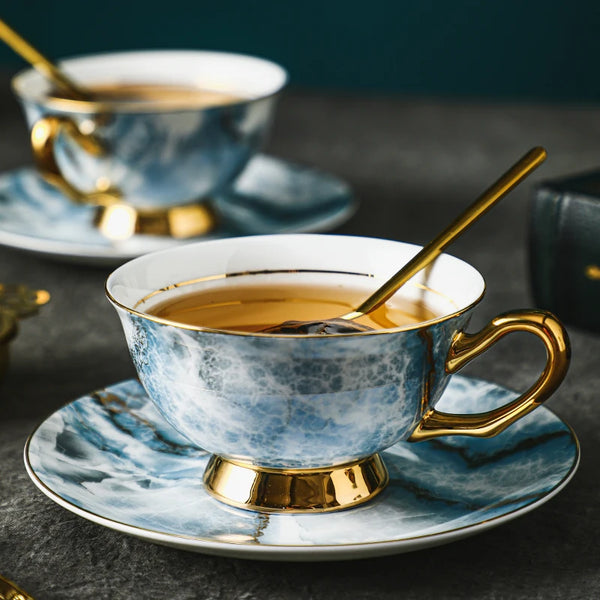 3Pcs Marble Electric Blue Bone China Coffee Cup Spoon Dish Suit Latte Art Cup Household Tea Set for Light Luxury Business Gifts