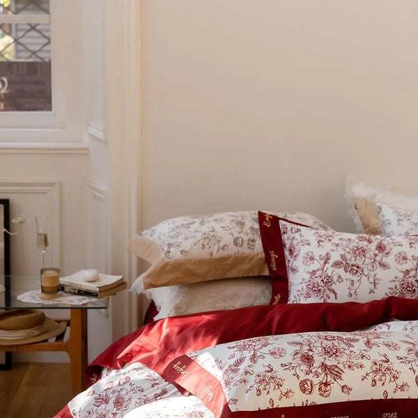 1000TC Egyptian Cotton Soft Vibrant French Luxury Red Flowers Bedding Set 1 Duvet Cover+1Bed Sheet+2Pillowcases Double Queen King