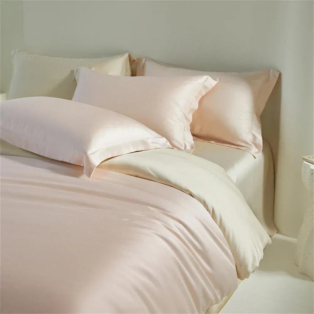 Liv-Esthete Women Pink 100% Silk Bedding Set Healthy Silky Double Color Queen King Duvet Cover Flat Sheet Pillowcase Bed Linen - Gifts for You 'n Me