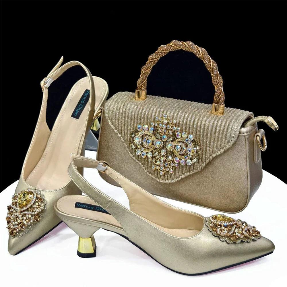 Women's Crystal Pointed High Heels Shoe Bag Set