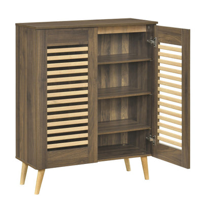 Shoe Cabinet with Louvered Doors and Removable Shelves-Walnut